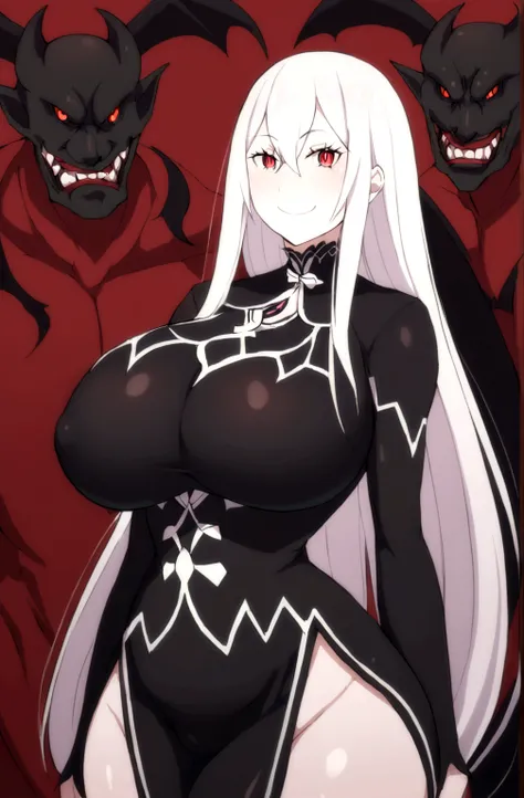 girl, (huge breasts size 160 cm), (narrow waist), Powerful woman, echidna re:zero, by white, big butt, beautiful face, fine features, Red eyes, SMILE, devil, evil, psychopath