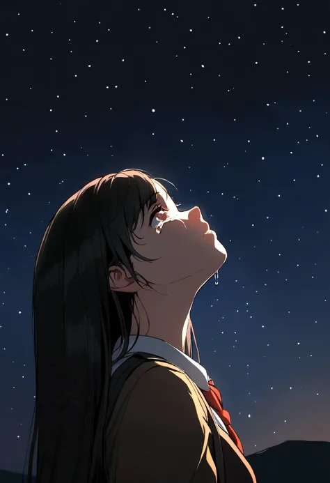 1girl, student uniform, black hair, young tifa lockhart, looking up at the night sky, crying but hopeful