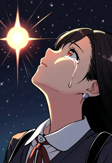 1girl, student uniform, black hair, young tifa lockhart, looking up at the night sky, crying but hopeful