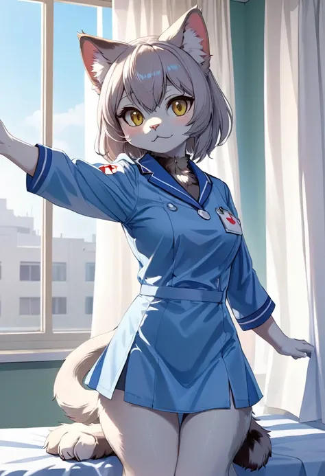 cover page, Cat nurse reaching for me anxiously, Hospital room, White curtains, sunlight, window, nurses outfit, absurdres, perfect anatomy(kemono, cute girl, solo focus)(furry anthro)(very detailed body fur)