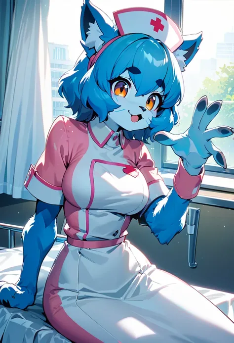 cover page, Cat nurse reaching for me anxiously, Hospital room, White curtains, sunlight, window, nurses outfit, absurdres, perfect anatomy(kemono, cute girl, solo focus)(furry anthro)(very detailed body fur)