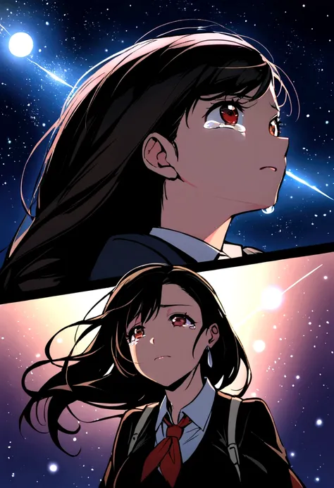 1girl, student uniform, black hair, young tifa lockhart, looking up at the night sky, crying but hopeful