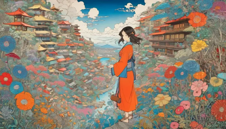 One girl, Japan, They are, (art:Hiroshi Yoshida )   Super detailed, beautifully、aesthetic, 
masterpiece, Highest quality, Realistic, zenTangle, Mandala, Tangle, enTangle, フラクタルart, Very detailed, Dynamic Angle, The most beautiful form of chaos, elegant, Br...