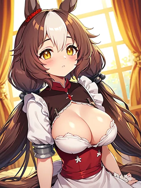 masterpiece, best quality, high quality, detailed, exquisite, beautiful, (((yamanin zephyr,)))(((umamusume,))) long hair, low twintails, hair between eyes, shiny hair, brown hair, golden eyes, droopy eyes, tareme, pale skin, shiny skin, glamorous, voluptuo...