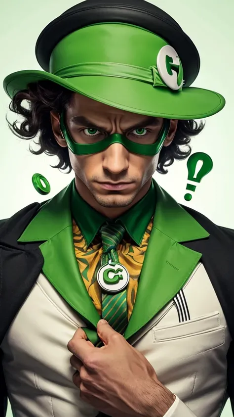 "Create an abstract art image in a monochromatic white and green color scheme, featuring the character Riddler as the focal point. The Riddler should be wearing a green bowler hat and a green blazer with white question marks. He should have dark skin, kink...