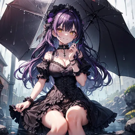 ((Highest quality)), ((masterpiece)), ((detailed)), (4K),1girl, 独奏, multicolor hair, black purple hair, yellow eyes, large breasts, fantasy, gothic lolita, choker, bracelet, (rain), ((wet)), see through, evil grin, (from below), (looking down), looking at ...