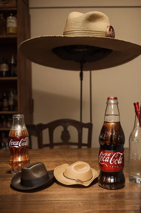 A 12 gauge shotgun, a glass bottle of Coca-Cola and a cowboy hat on a table