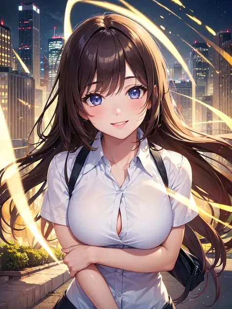 (masterpiece:1.5),(Beat quality),(high res),1girl solo,beautiful face,smile(shining eyes),upper body,light effects,Office Lady,City