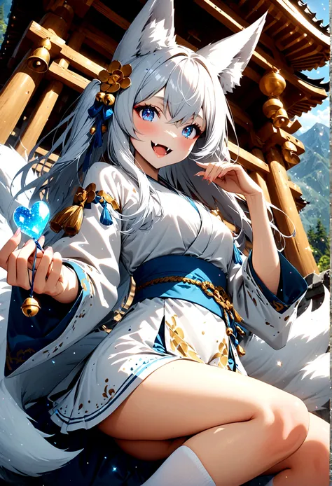 kitsune human girl in her 20s with long white hair and white fox ears wearing white kimono with a blue belt with a white skirt a...