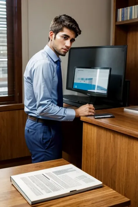 a young worried business man from argentina back of his wooden desk with a computer, looking to the observer. 