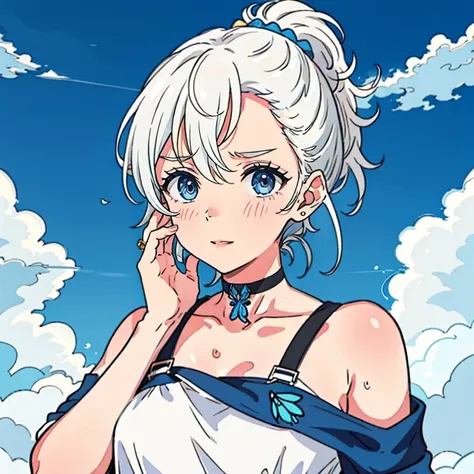 1 ,Blue Pupil,toenails,hand on own face,White hair,sky blue eyes,(blush:1.1),choker,blue sky,lesbian full body，shivering,sweat,Gotas de sweat,dream magical,(speed line:1.1),medium breasts, ((rough breathing:1.3)), cure, butterfly earrings, top cut, pleasur...