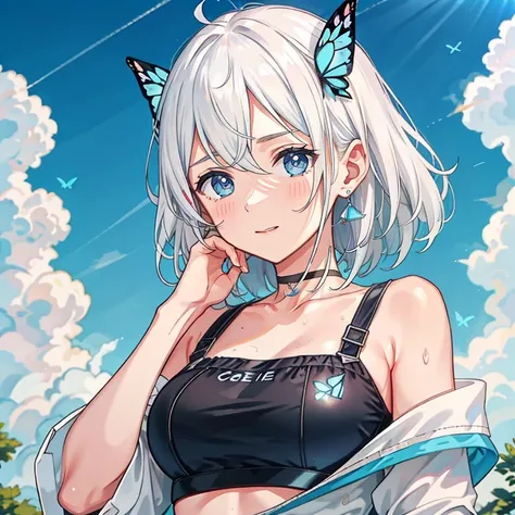 1 ,blue pupil,toenails,hand on own face,white hair,sky blue eyes,(blush:1.1),choker,blue sky,lesbian full body，shivering,sweat,g...