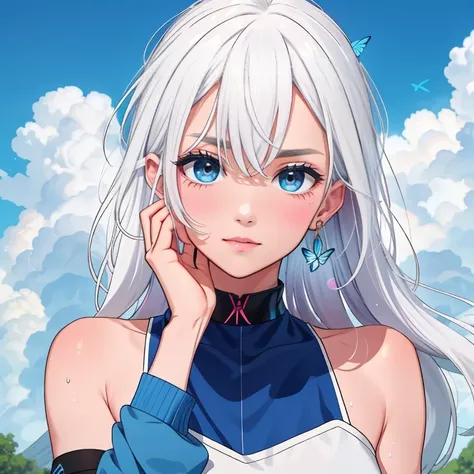 1 ,blue pupil,toenails,hand on own face,white hair,sky blue eyes,(blush:1.1),choker,blue sky,lesbian full body，shivering,sweat,g...