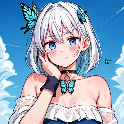 1 ,blue pupil,toenails,hand on own face,white hair,sky blue eyes,(blush:1.1),choker,blue sky,lesbian full body，shivering,sweat,g...