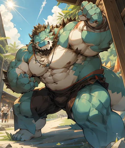 dragon orc，strong body，muscular，like a born strong man。his skin looks healthy and fair...，muscle and fat intertwined，create uniq...