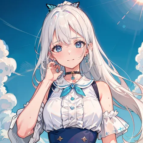 1 ,Blue Pupil,toenails,hand on own face,White hair,sky blue eyes,(blush:1.1),choker,blue sky,lesbian full body，shivering,sweat,Gotas de sweat,dream magical,(speed line:1.1),medium breasts, ((rough breathing:1.3)), cure, butterfly earrings, top cut, pleasur...