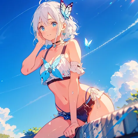 1 ,blue pupil,toenails,hand on own face,white hair,sky blue eyes,(blush:1.1),choker,blue sky,lesbian full body，shivering,sweat,g...