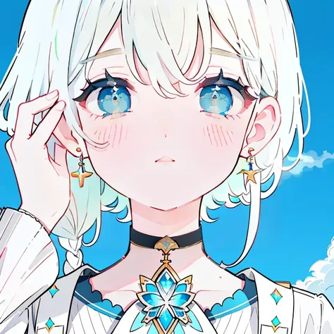 1 ,blue pupil,toenails,hand on own face,white hair,sky blue eyes,(blush:1.1),choker,blue sky,lesbian full body，shivering,sweat,g...