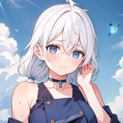 1 ,blue pupil,toenails,hand on own face,white hair,sky blue eyes,(blush:1.1),choker,blue sky,lesbian full body，shivering,sweat,g...