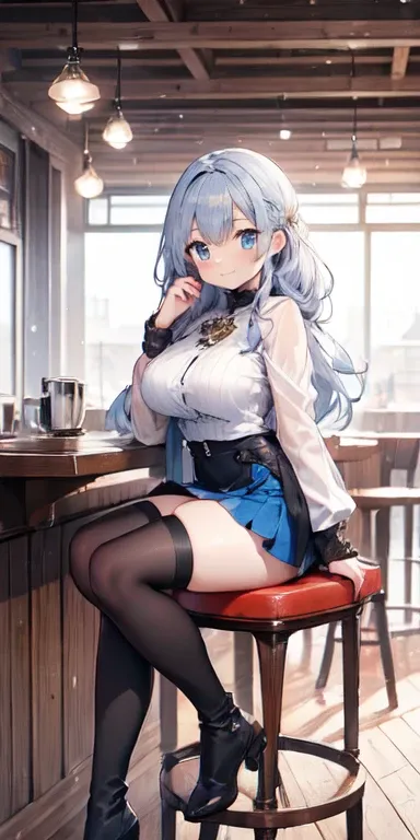 work of art, 8K, style of art by shaman240, very highly detailed face, detailed clothing, detailed fabric, 1 girl, beautiful  face, asymmetrical long hair, hair light blue, breasts big, slim, thick-thighs, wearing beautiful winter clothes, peencil leather ...