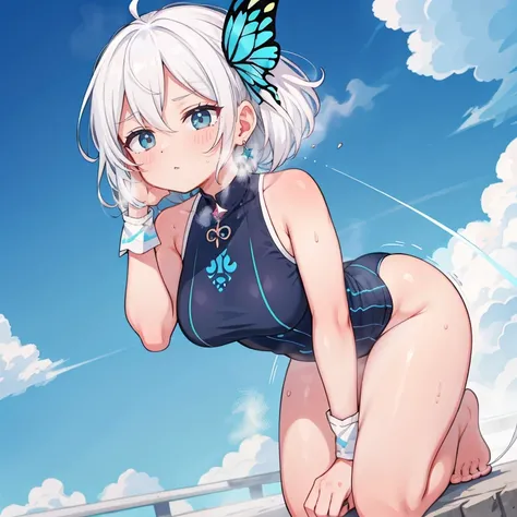 1 ,Blue Pupil,toenails,hand on own face,White hair,sky blue eyes,(blush:1.1),choker,blue sky,lesbian full body，shivering,sweat,Gotas de sweat,dream magical,(speed line:1.1),medium breasts, ((rough breathing:1.3)), cure, butterfly earrings, top cut, pleasur...