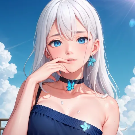 1 ,blue pupil,toenails,hand on own face,white hair,sky blue eyes,(blush:1.1),choker,blue sky,lesbian full body，shivering,sweat,g...