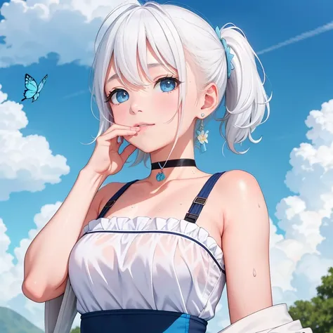 1 ,blue pupil,toenails,hand on own face,white hair,sky blue eyes,(blush:1.1),choker,blue sky,lesbian full body，shivering,sweat,g...