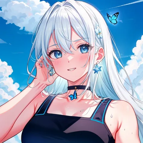 1 ,blue pupil,toenails,hand on own face,white hair,sky blue eyes,(blush:1.1),choker,blue sky,lesbian full body，shivering,sweat,g...