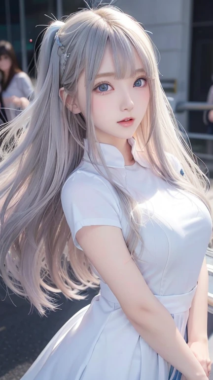 silver shiny hair、Super long straight silky hair、Dazzling blonde super long silky hair、16 years old cute little beautiful face、A beautiful girl、Sparkling blonde dancing in front of a pretty face、Long, silky bangs that cover the space between the eyes、Very ...