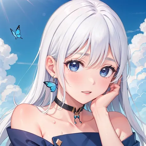 1 ,blue pupil,toenails,hand on own face,white hair,sky blue eyes,(blush:1.1),choker,blue sky,lesbian full body，shivering,sweat,g...