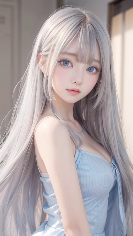 silver shiny hair、super long straight silky hair、dazzling blonde super long silky hair、16 years old cute little beautiful face、a...