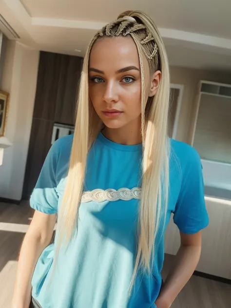 top view. close up portrait of a beautiful russian woman with blonde hair. short braids, short hair, blue t-shirt. pale skin. ha...