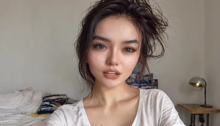 a girl take a selfie with a thin shirt , HIGHRES, clean face, with accurate face, solo, upper body, potrait, close up potrait, portait photo profile picture, REALISTIC , PHOTOREAL, messy hair, open mouth, perfect face, best image, HIGH RESOLUTION