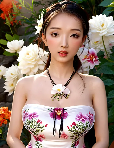 a cute woman, ornate asian dress, split up the thighs, powder white body make up, asian style face makeup, aloof, checking her flower garden, detailed eyes, detailed lips, extremely detailed face, long eyelashes, 1girl, digital illustration, oil painting, ...