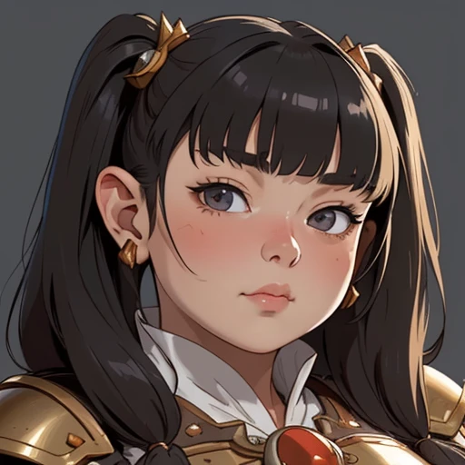 (masterpiece), (best quality),(portrait),(bust up),1girl,solo,(sharp focus),(look at viewer),(hime cut),dwarf girl,dwarf, short twintails ,bangs on eyes,fat ,ancient luxurious long clothes,armor,(simple background),old school fantasy art,super shiny face,U...