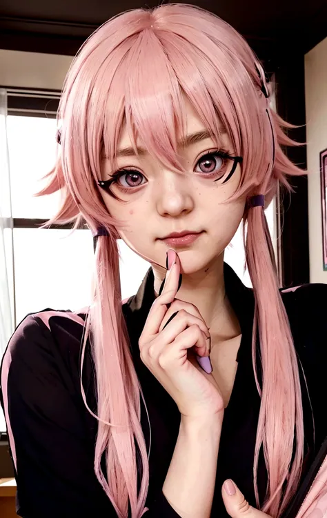 anime girl with pink hair and pink eyes holding a cell phone, gasai yuno, cute anime girl portraits, anime visual of a cute girl, extremely cute anime girl face, pink twintail hair and cyan eyes, gasai yuno, detailed portrait of anime girl, mirai nikki, fi...