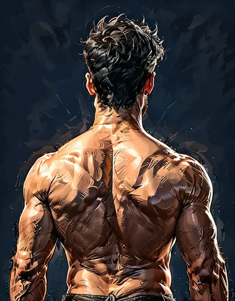 dark blue background, ((back view)),  close-up,
((man from the back)), adult, italian, mesomorph muscular body, perfect olive sk...