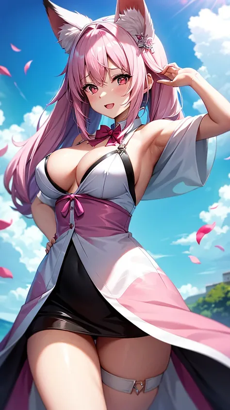 An adult woman, half fox, pink and white ears, pink and white hair, pink eyes, little white and black dress, wide breasts, very happy