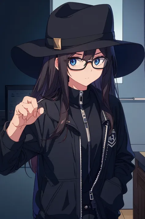 man, black shorts hair, eyes gray, glasses, black Fedora hat, black suit, black pants, pocket clock, strong