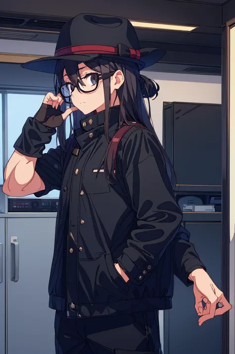 man, black shorts hair, eyes gray, glasses, black Fedora hat, black suit, black pants, pocket clock, strong