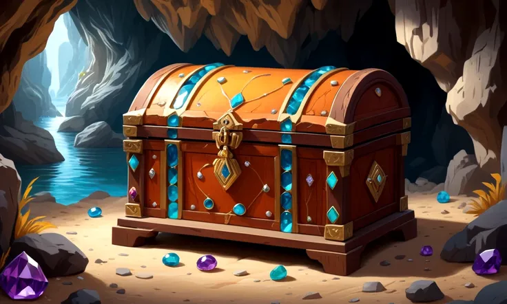 inside a cave, there is a closed wooden chest decorated with precious stones 