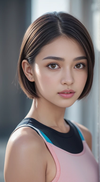 Very detailed CG Unity 8k 壁紙, Highest quality, Very detailed, masterpiece, Realistic, photo Realistic, Very detailed cute girl, Age 25, logic, 腹logic, Round eyes, Audience,  blush, Part your lips, Half Body Shot , 
Sportswear , Gym , short hair