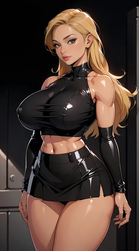 Not Frank Cho style, whole body, 20 harder – Cany Barbi, Sexy busty bimbo, seducer, Red lips, stylish blonde hair, shining skin, make up , ((black latex top, plaid hip skirt, firm skin)), ((perfect smooth skin, huge fake breasts:3.2 tight neckline:2, Waist...