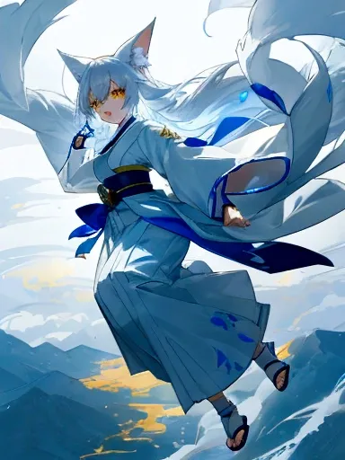 1girl, anime, white fox ears, long white hair, blue mixed with yellow eyes, 9 white tails, white hakama, blue belt, white socks, blue ties, white sandals, detailed facial features, intricate character design, vivid colors, soft lighting, fantasy, ethereal,...