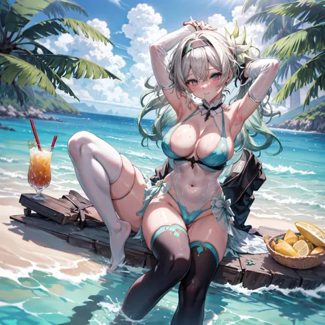 ((Highest quality)), ((masterpiece)), ((detailed)), (4K), (nsfw), an anime drawn sexy girl on the beach by water with tropical drink, 1girl, breasts, 独奏, swimsuit, 比基尼, armpits, looking at viewer, mouth hold, cleavage, single thighhigh, arms up, navel, lig...