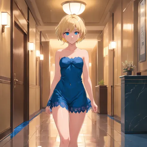 17 years old Women, ((Blonde)), ((Blue eyes)), ((Short hair)), ((Full shot)), very detailed makeup, pale pink lipstick, long earrings, standing in a hall of hotel, wearing a strapless lace bra, sexy latex undewear, black boots with heels, ((wet Floor)) ((F...