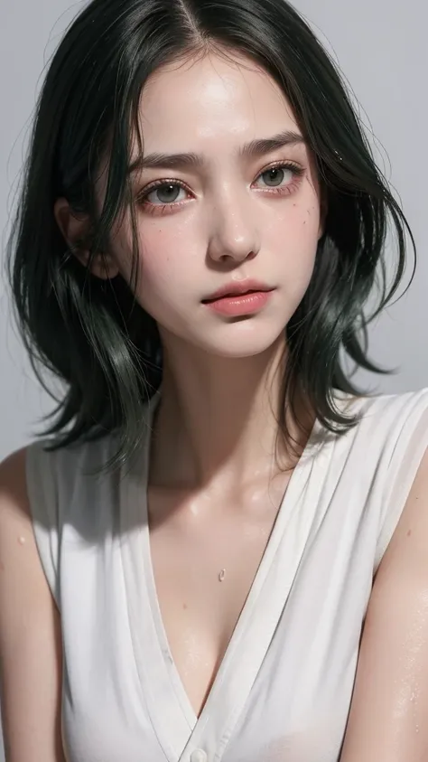 best quality, masterpiece, (lifelike:1.4), 1 17 year old girl, A faint smile, Dark green hair，White nurse uniform，Nipple protrusion，Wet，A lot of sweat，Marks，blushed skin，/Upscale，Height 175cm，Natural beautiful face，slim body，Pure white background，Fair and ...