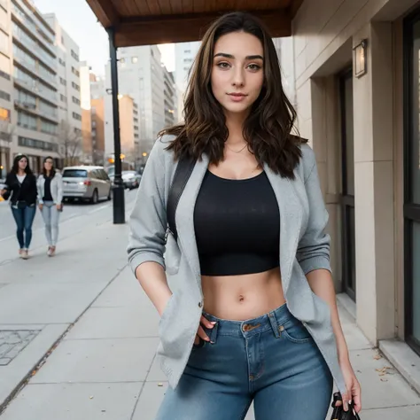 Extremely busty thin and toned brunette photographer, college girl, fair skin, loose side sweep, hair bandana, soft face, athletic, tight light jacket, skinny jeans. standing in front of her apartment building, outdoors, city, camera bag, cleavage 