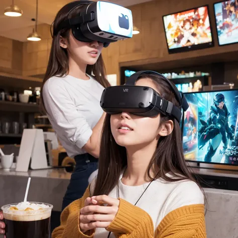 Draw an illustration of someone wearing VR goggles watching 3D anime characters in a cafe.