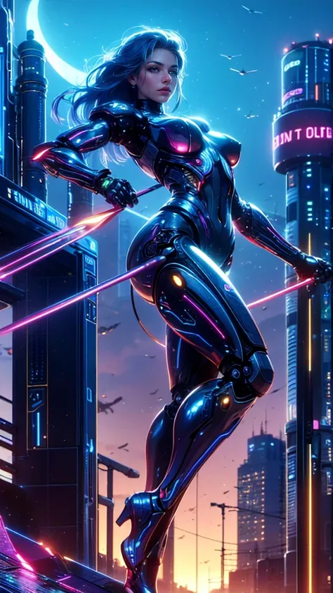 top quality, future world, State-of-the-art robot, Beautiful Woman, flying hair, Transformed into a cyborg except for the face, sexy images, whole body photo, ((Athlete, Javelin))